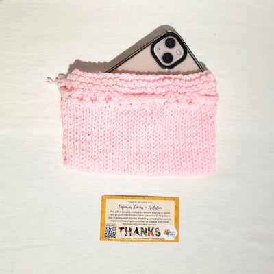 Hand Crocheted Drawstring Phone Pouch (Pink)