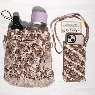 Hand Crocheted Drawstring Pouch with Handphone Holder