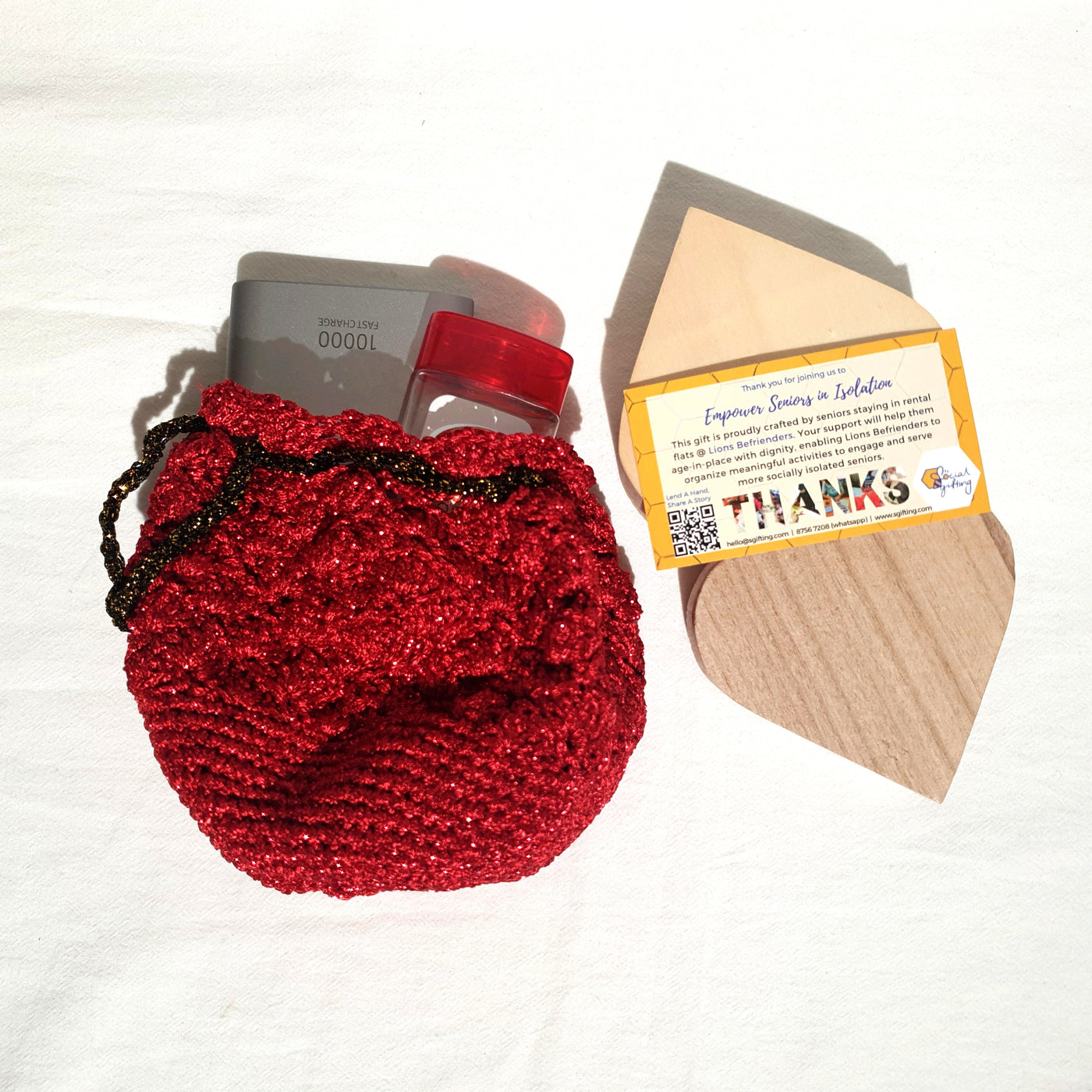 Hand Crocheted Drawstring Pouch (Red)
