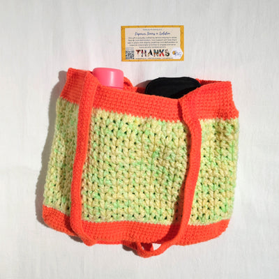 Lime-Orange Hand Crocheted Handbag with Zip