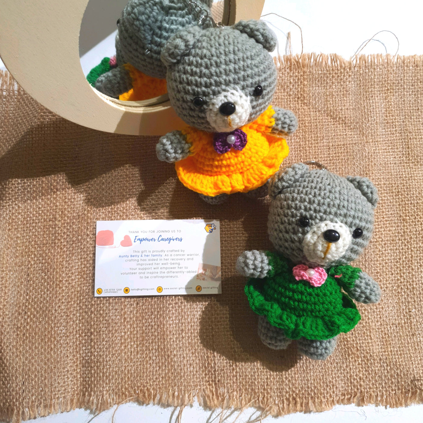 Hand Crocheted Grey Bear with Dress Keyring