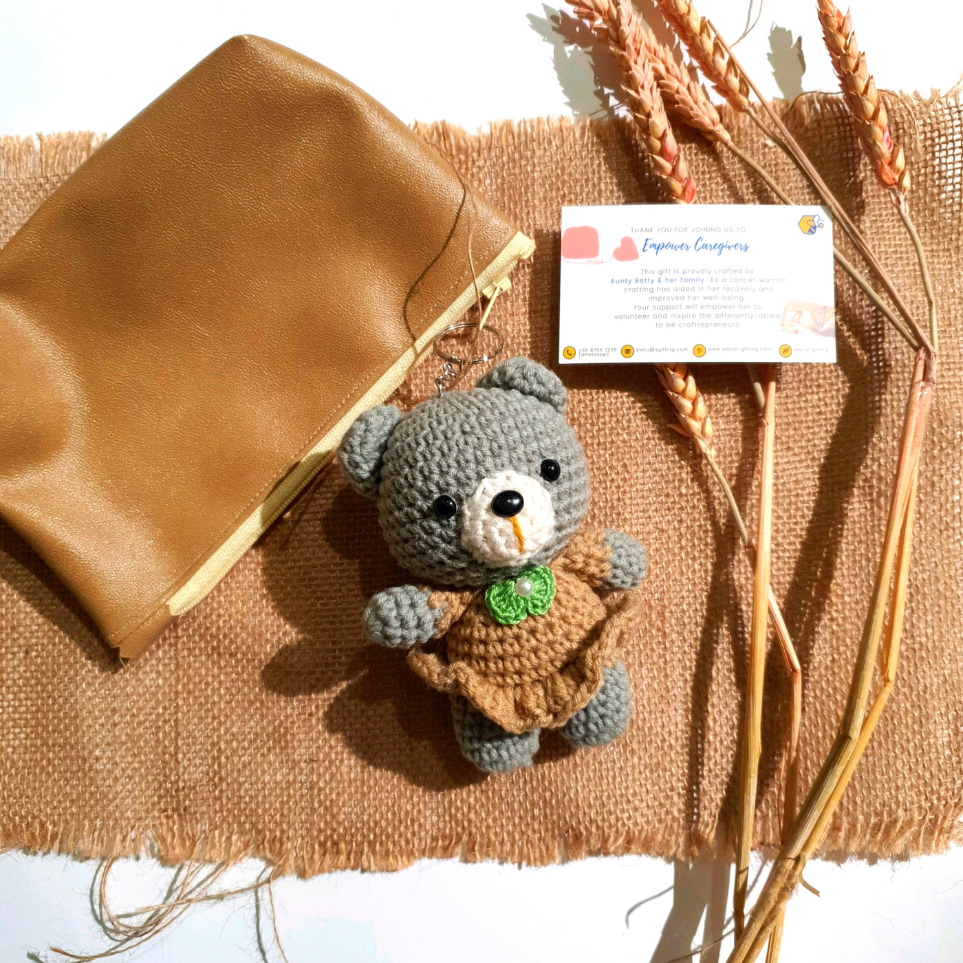 Hand Crocheted Grey Bear with Dress Keyring