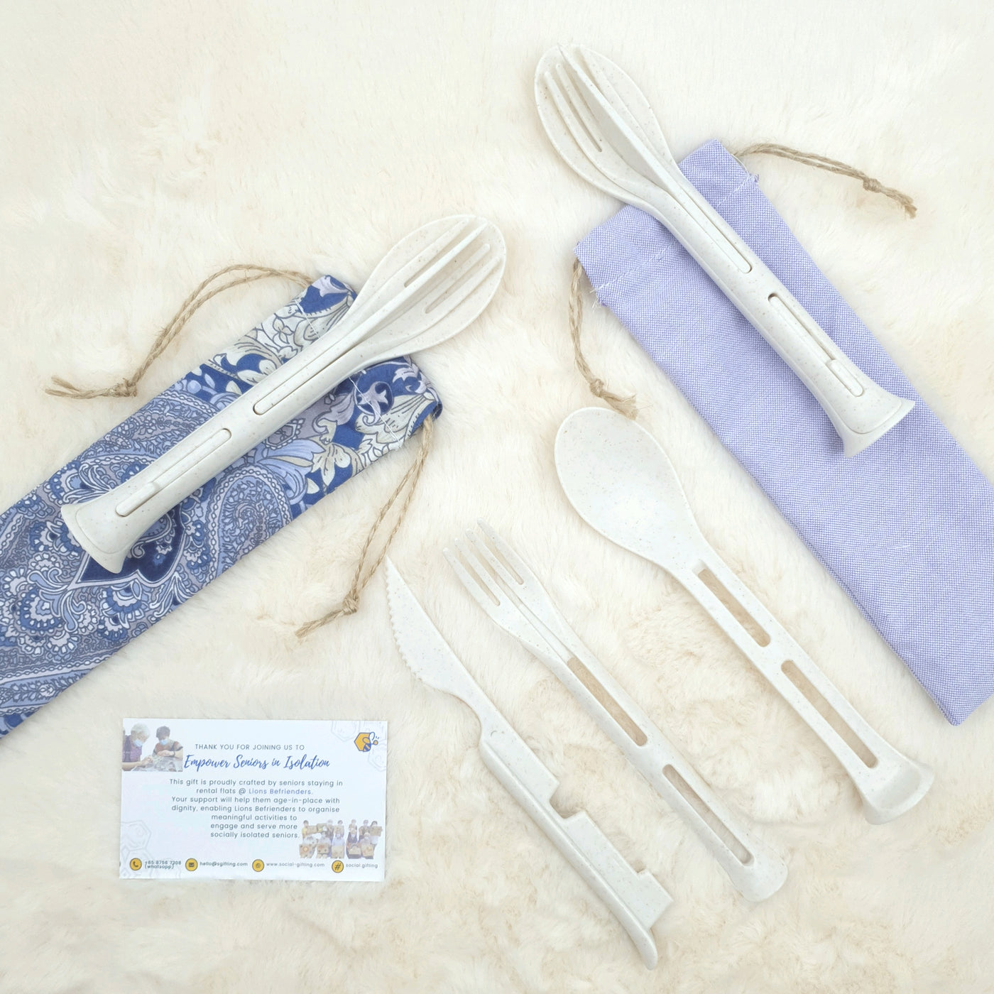 3 in 1 Wheat Cutlery Set w Fabric Pouch