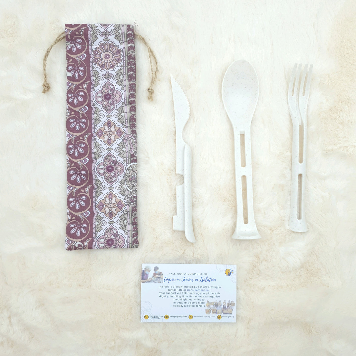 3 in 1 Wheat Cutlery Set w Fabric Pouch