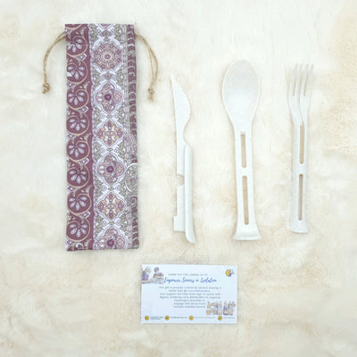 3 in 1 Wheat Cutlery Set w Fabric Pouch