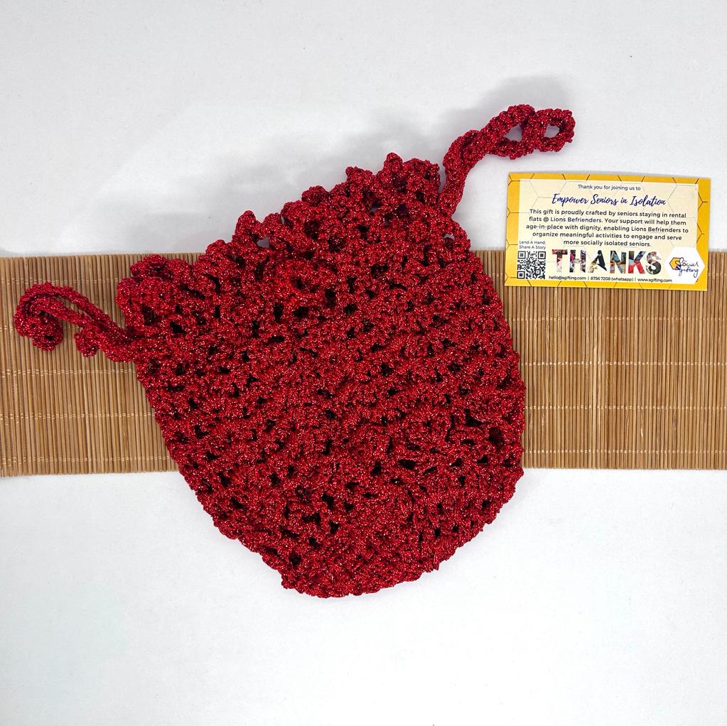Hand Crocheted Drawstring Pouch (Red)