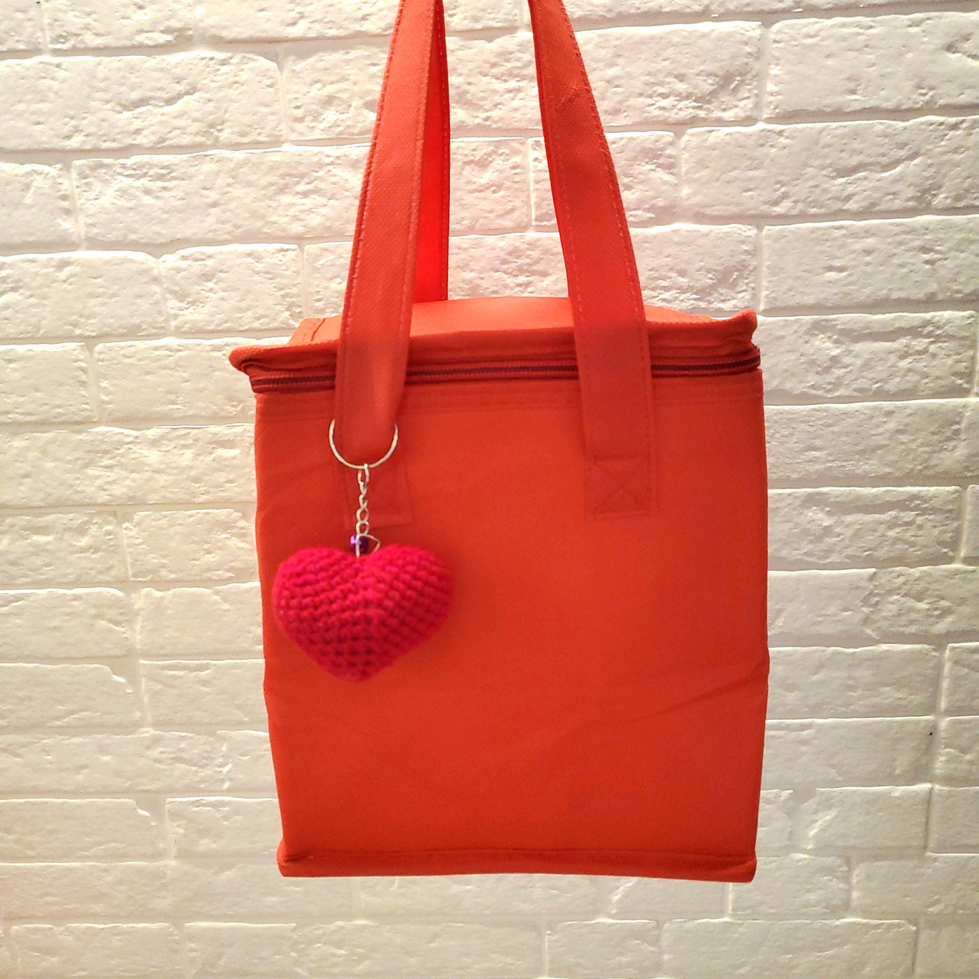 Red Thermal Zip Bag  with crochet Heart