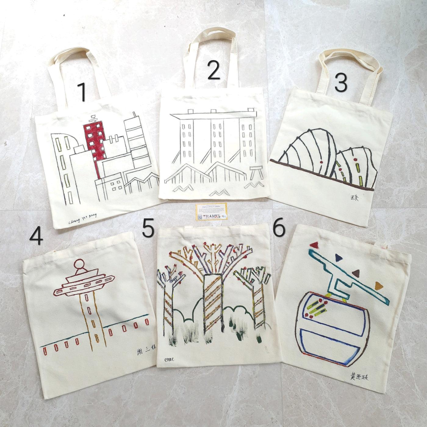 Singapore Iconic Landmarks and Food Paintings on Tote Bag
