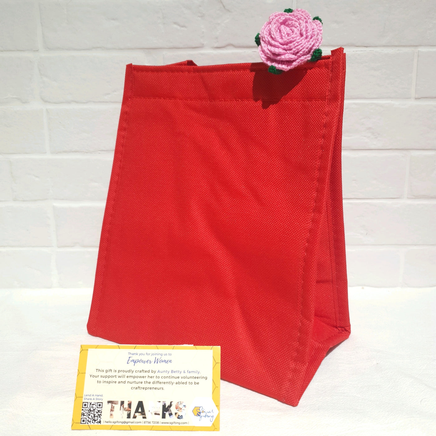 Red Thermal Bag with Crochet Rose