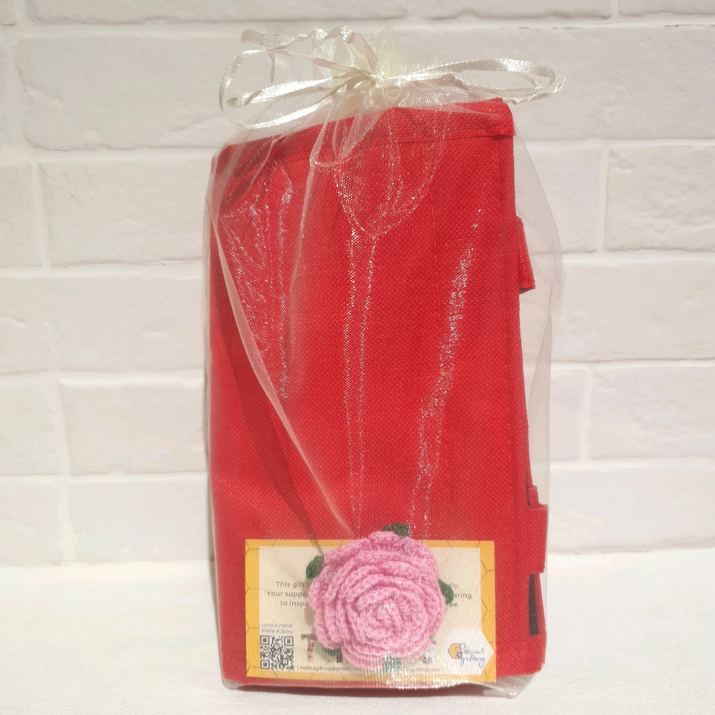 Red Thermal Bag with Crochet Rose